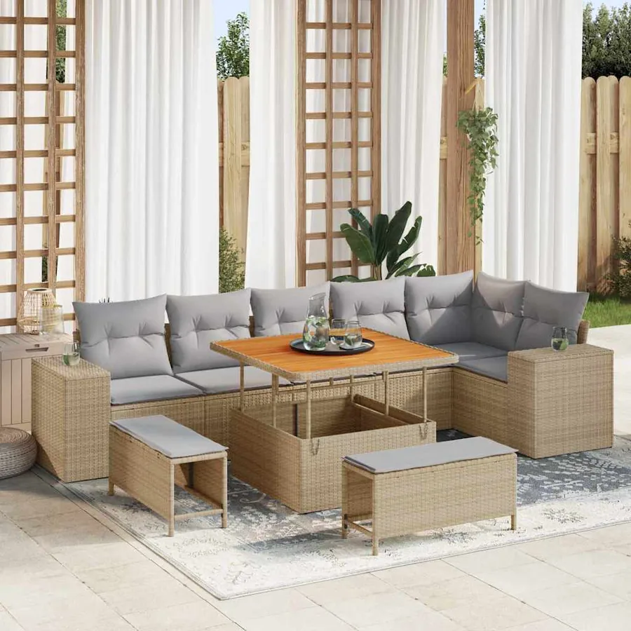 Ensemble de canapé de jardin 9 pcs Beige polyrotin