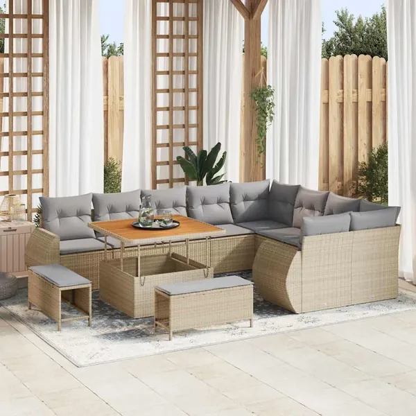 Ensemble de canapé de jardin 12 pcs Beige polyrotin