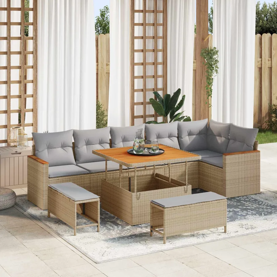 Ensemble de canapé de jardin 9 pcs Beige polyrotin