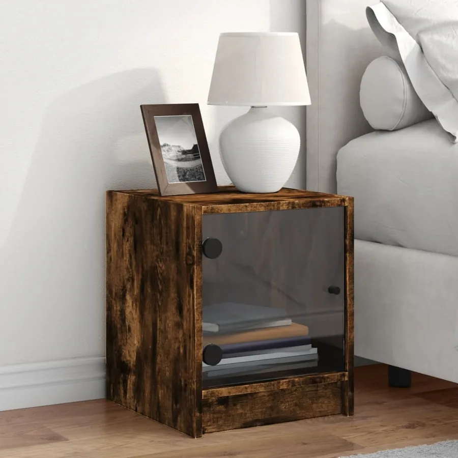 Table de chevet avec porte en verre chêne fumé 35x37x42 cm - 3