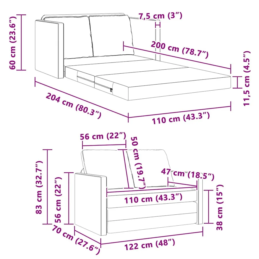Canapé-Lit Crème 204 x 122 x 60 cm Velours - 11