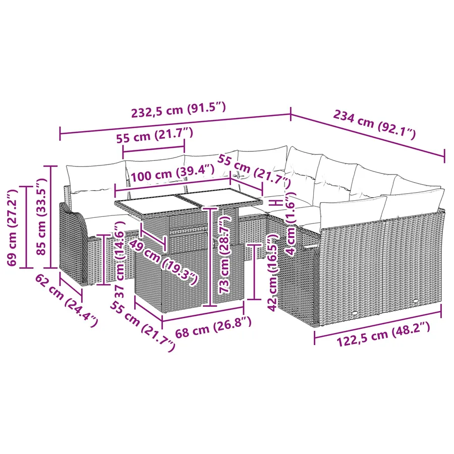 Ensemble de canapé de jardin 9 pcs Marron Poly rotin - 11