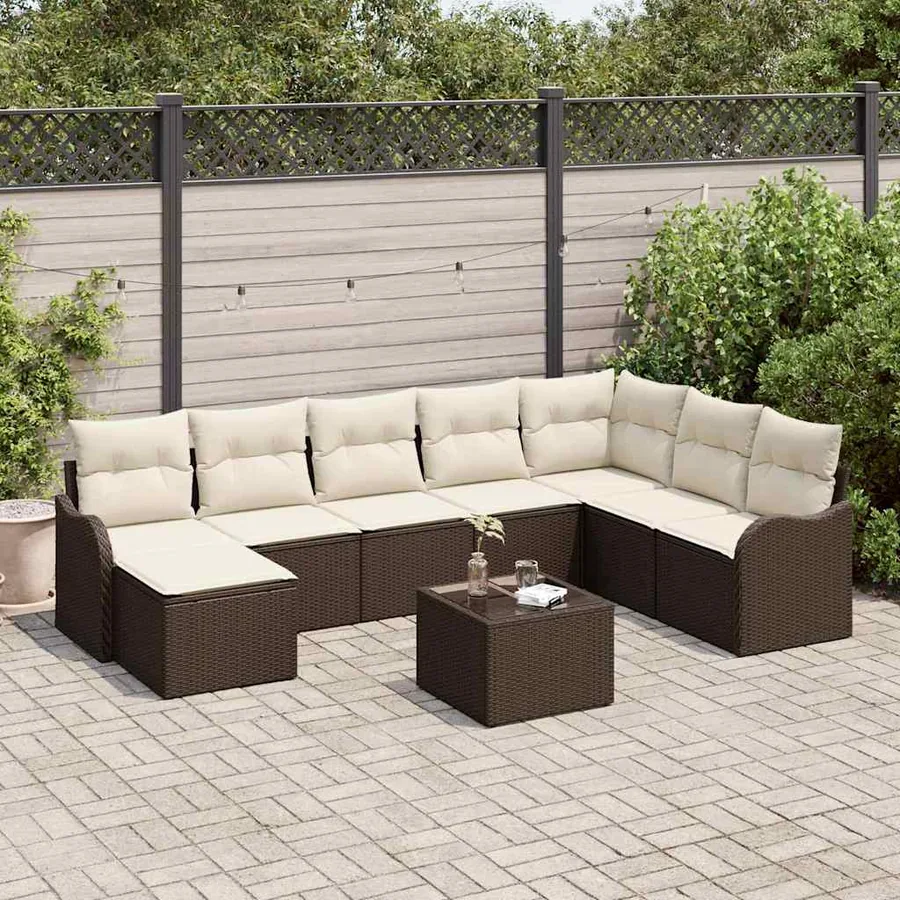 Ensemble de canapé de jardin 9 pcs Marron et blanc Poly rotin