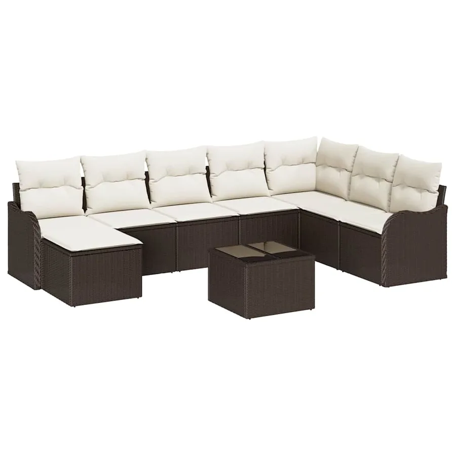 Ensemble de canapé de jardin 9 pcs Marron et blanc Poly rotin - 2