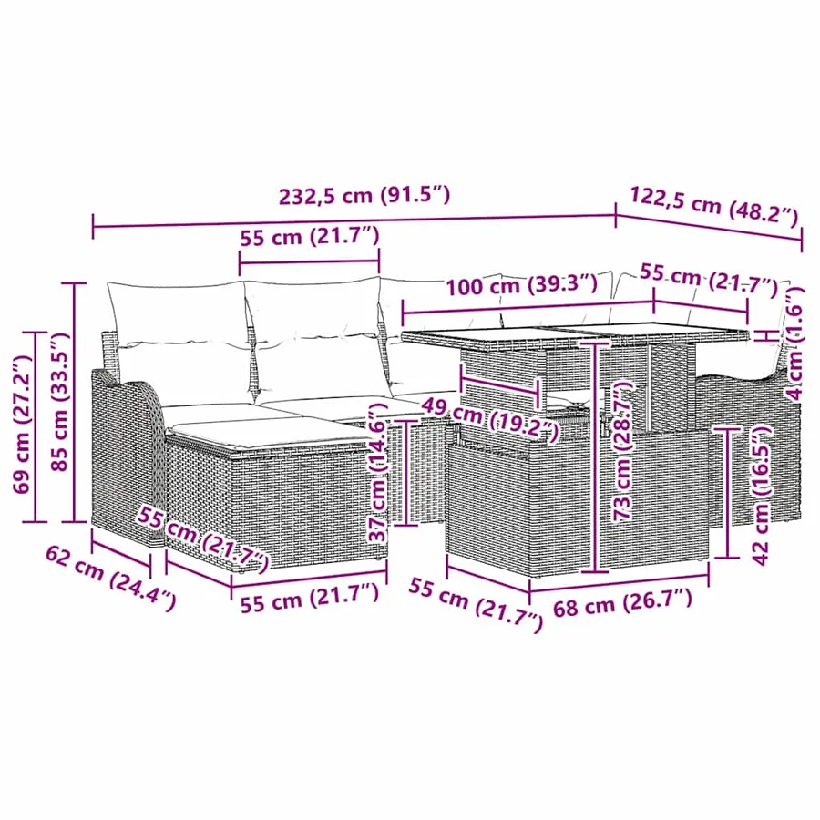 Ensemble de canapé de jardin avec coussin 7 pcs Gris Poly rotin - 12