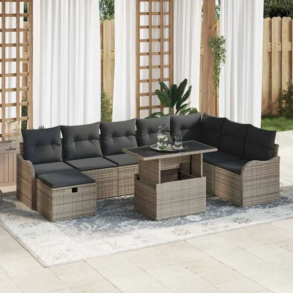 Ensemble de canapé de jardin avec coussin 9 pcs Gris Poly rotin