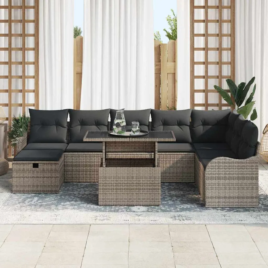 Ensemble de canapé de jardin avec coussin 9 pcs Gris Poly rotin - 3