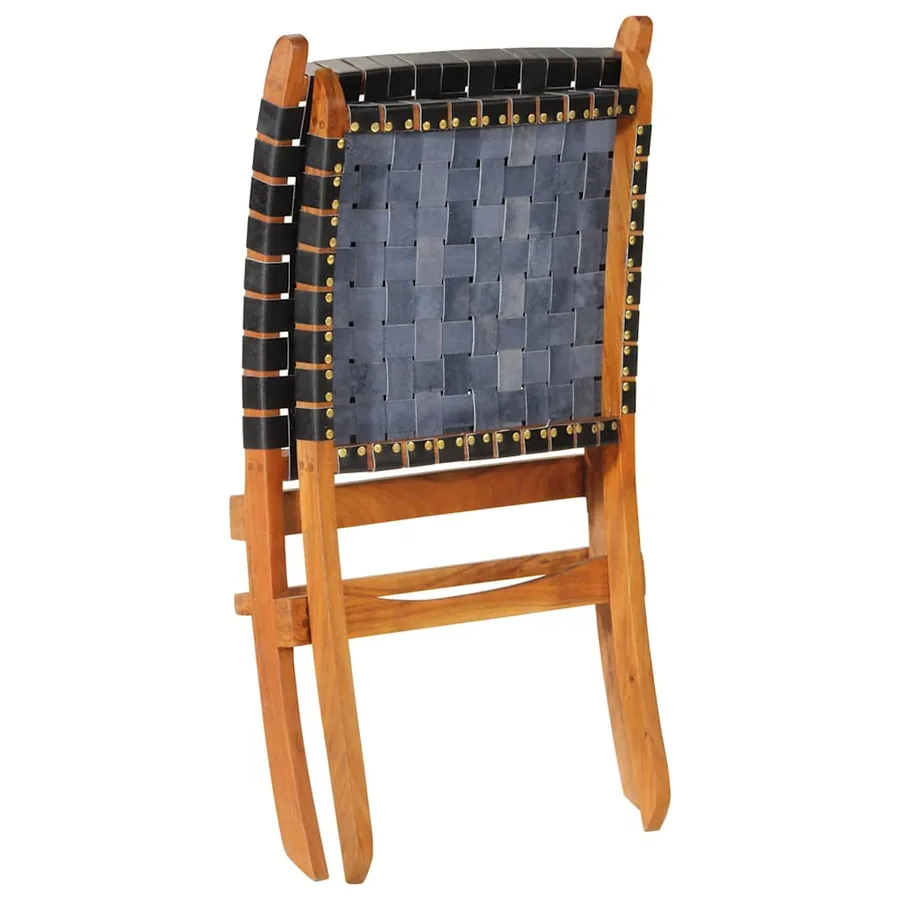 Chaise de relaxation pliable noir cuir véritable - 5