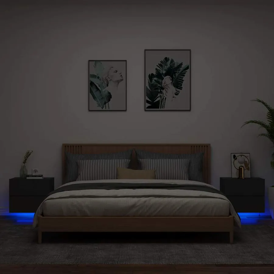 Tables de chevet murales avec lumières LED 2 pcs noir