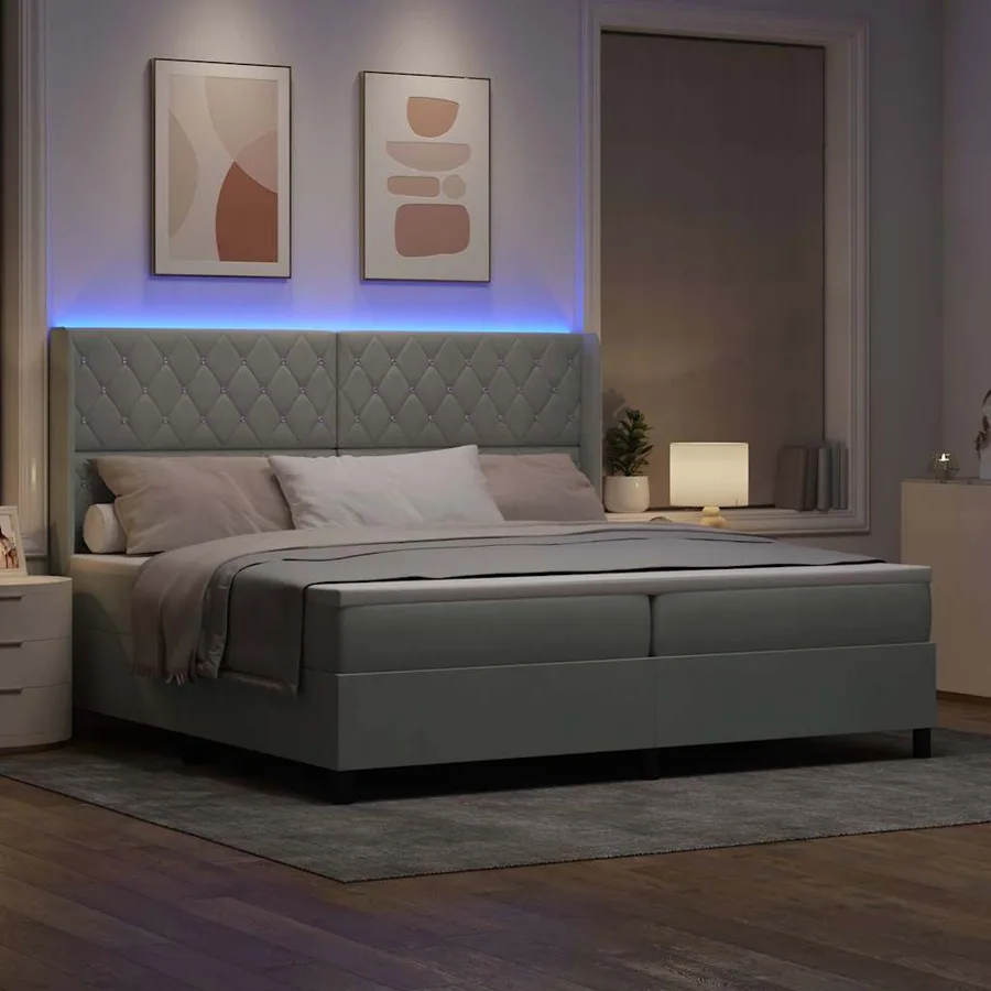 Lit à ressorts avec matelas Gris clair 200 x 200 cm Velours - 5
