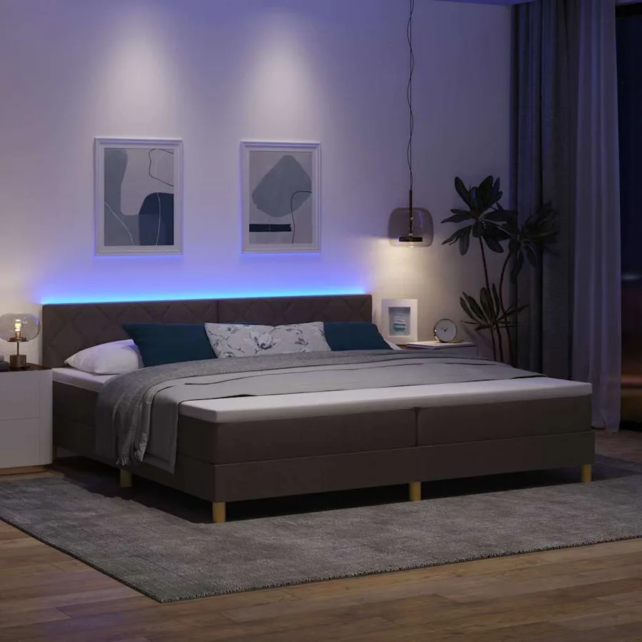 Lit à ressort LED Marron foncé 200 x 200 cm tissu - 5