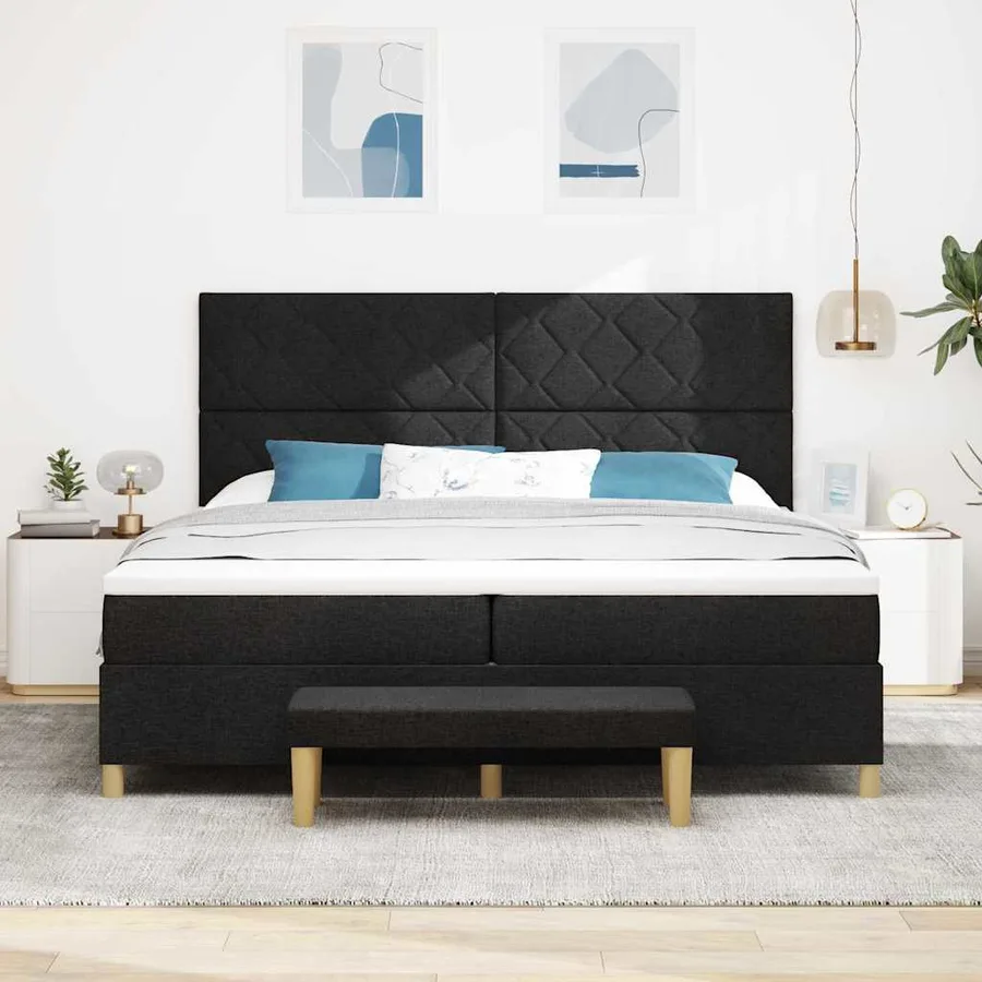 Lit à ressorts avec tête de lit Noir 200 x 200 cm tissu - 3