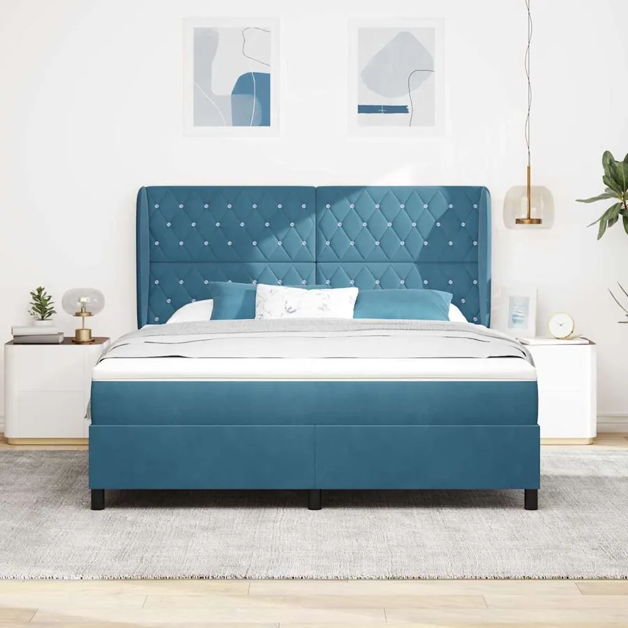 Lit à ressorts avec matelas Bleu foncé 200 x 180 cm Velours - 3