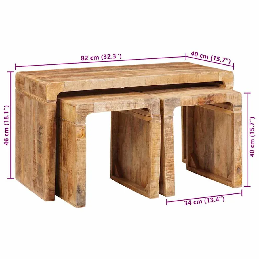 Table Gigogne 3 pcs Marron Bois de mangue massif - 9