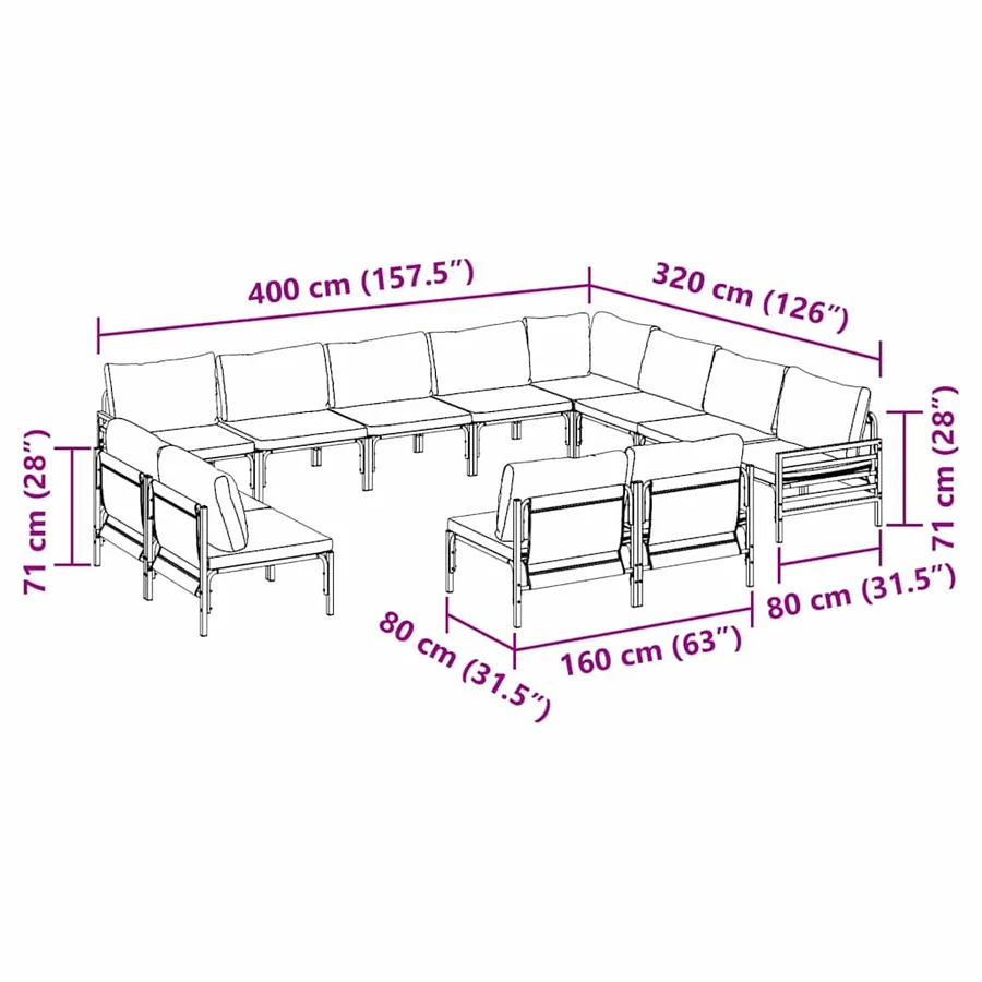Ensemble de canapé de jardin avec coussin 12 pcs Noir Acier - 12