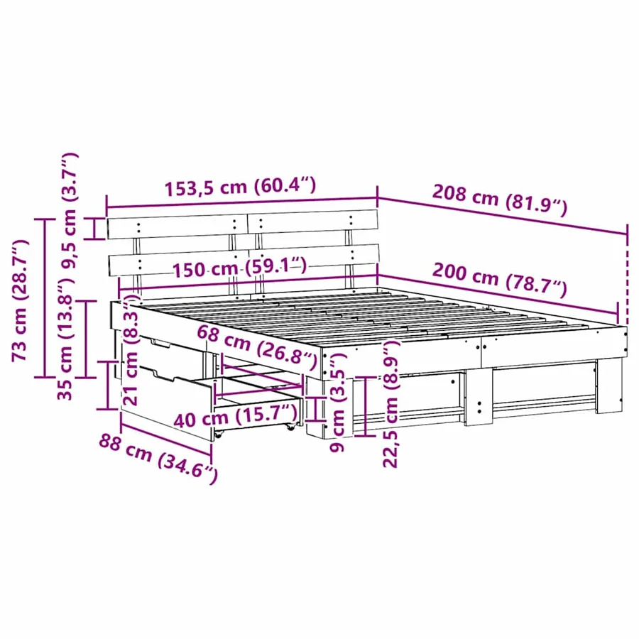 Cadre de lit avec tête de lit Marron 150 x 200 cm Pin massif - 14