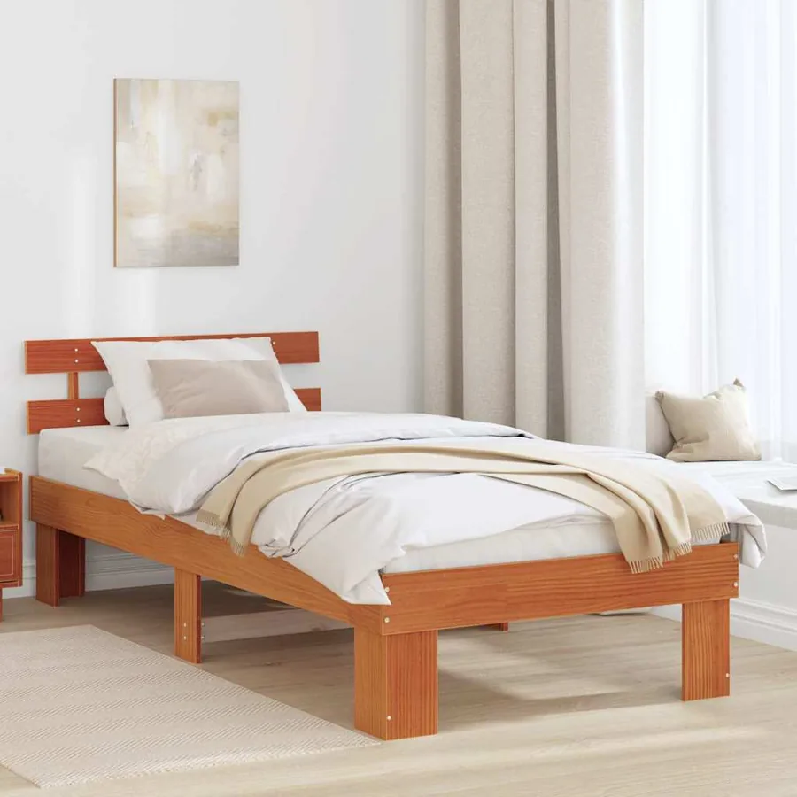 Cadre de lit avec tête de lit Brun cire 90 x 190 cm Pin massif