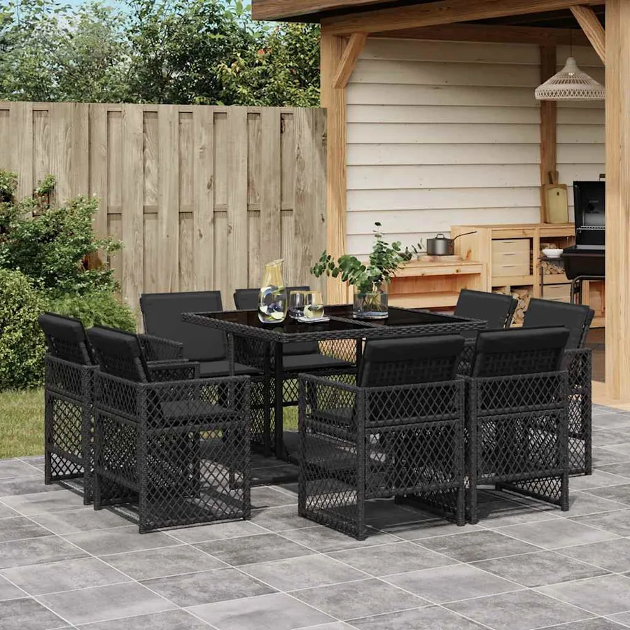 Ensemble à manger de jardin 9pcs coussins noir résine tressée