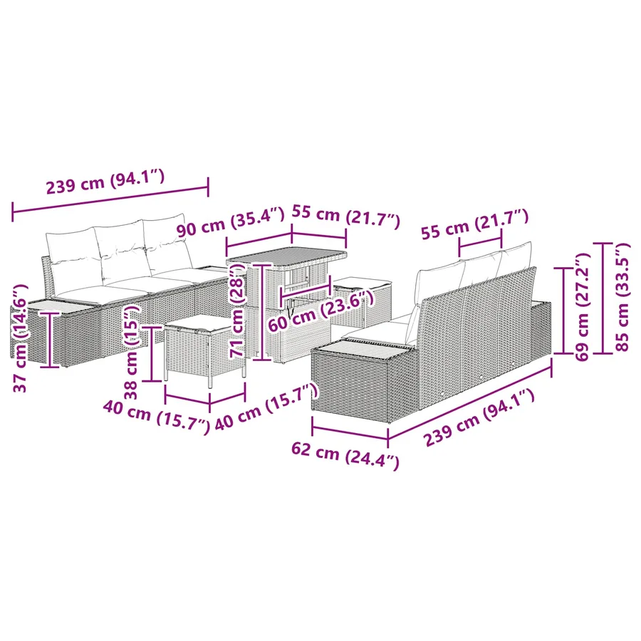Ensemble de canapé de jardin avec coussin 9 pcs Noir - 12
