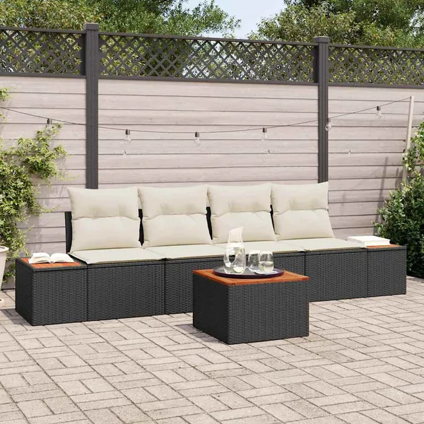 Ensemble de canapé de jardin avec coussin 5 pcs Noir Poly rotin