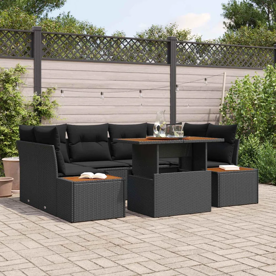 Ensemble de canapé de jardin 7 pcs Noir Poly rotin