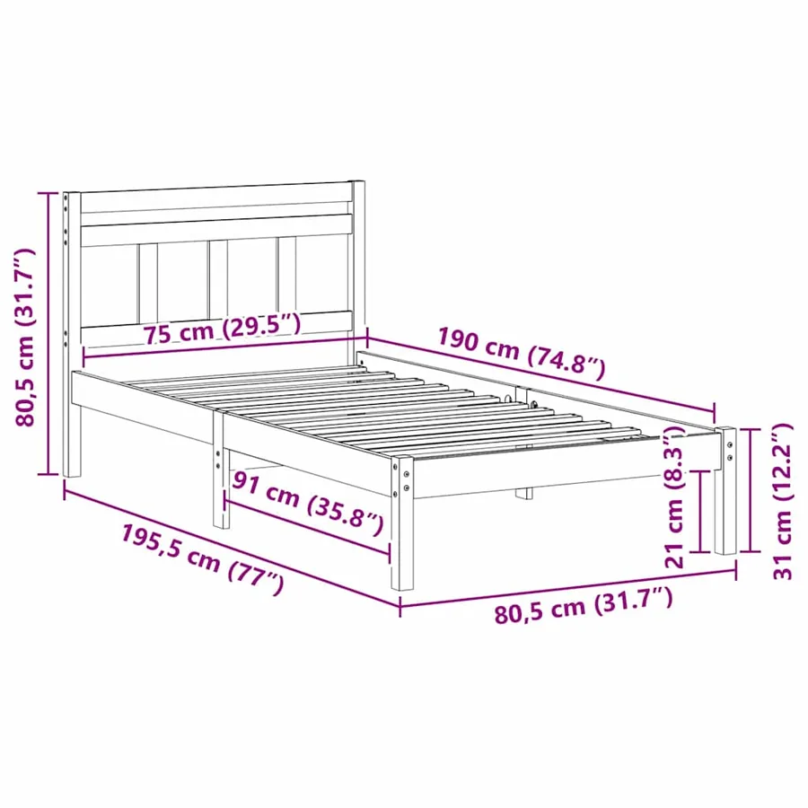 Cadre de lit Blanc 75 x 190 cm Pin massif - 10