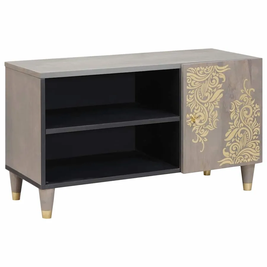 Meuble TV avec porte Gris 80 x 33 x 46 cm Bois de mangue massif