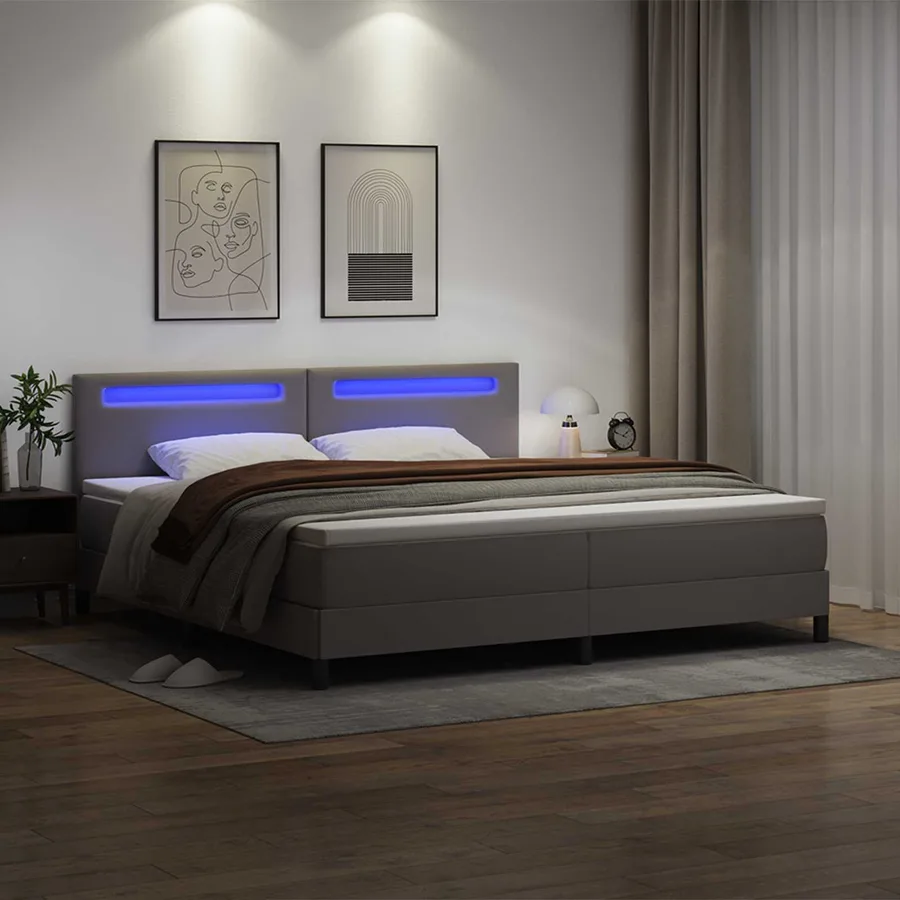 Lit à ressorts avec matelas Gris 200 x 200 cm Simili cuir - 4
