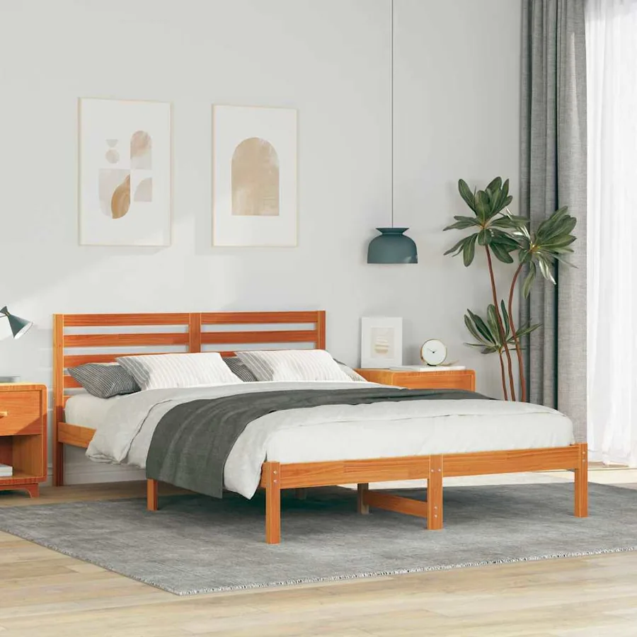 Cadre de lit avec tête de lit Brun cire 140 x 220 cm Pin massif
