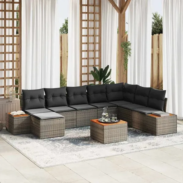 Ensemble de canapé de jardin avec coussin 9 pcs Gris Polyrotin