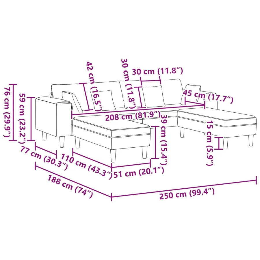 Canapé 3 pcs Noir 250 x 188 x 76 cm Velours - 8