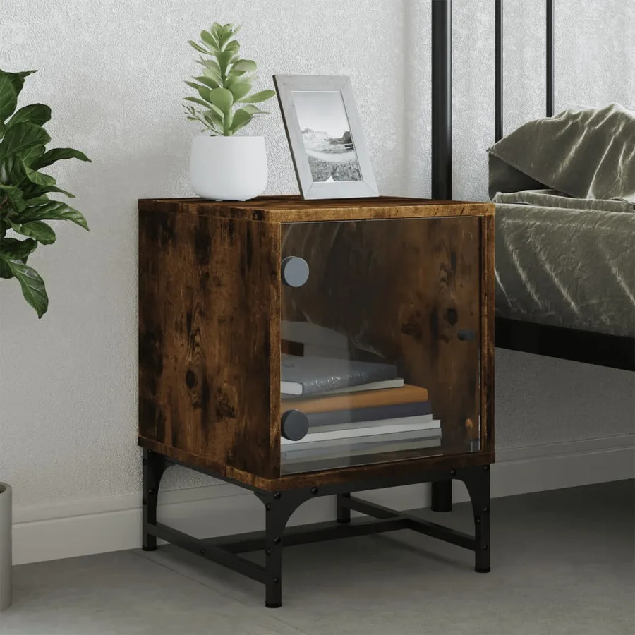 Tables de chevet et portes vitrées 2 pcs chêne fumé 35x37x50 cm - 3