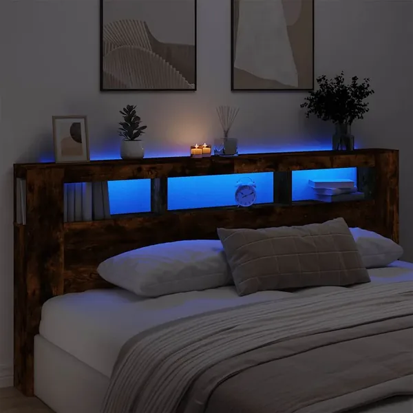 Tête de lit à LED chêne fumé 220x18,5x103,5cm bois d'ingénierie