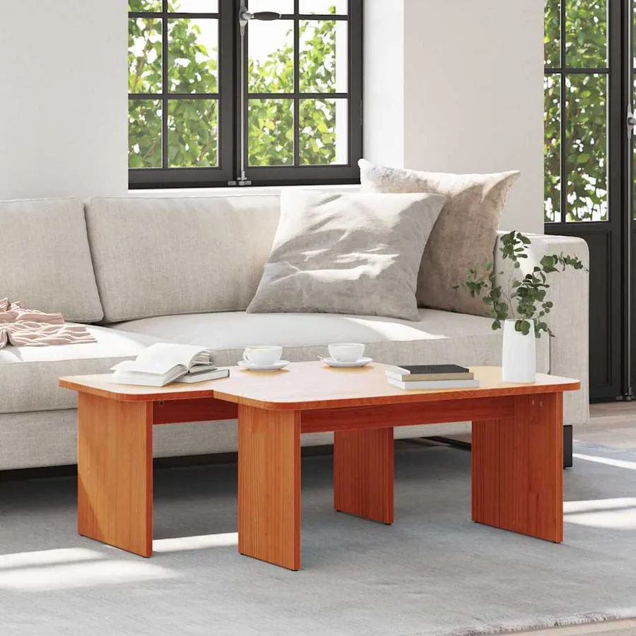 Table basse 2 pcs Brun cire Bois massif en pin