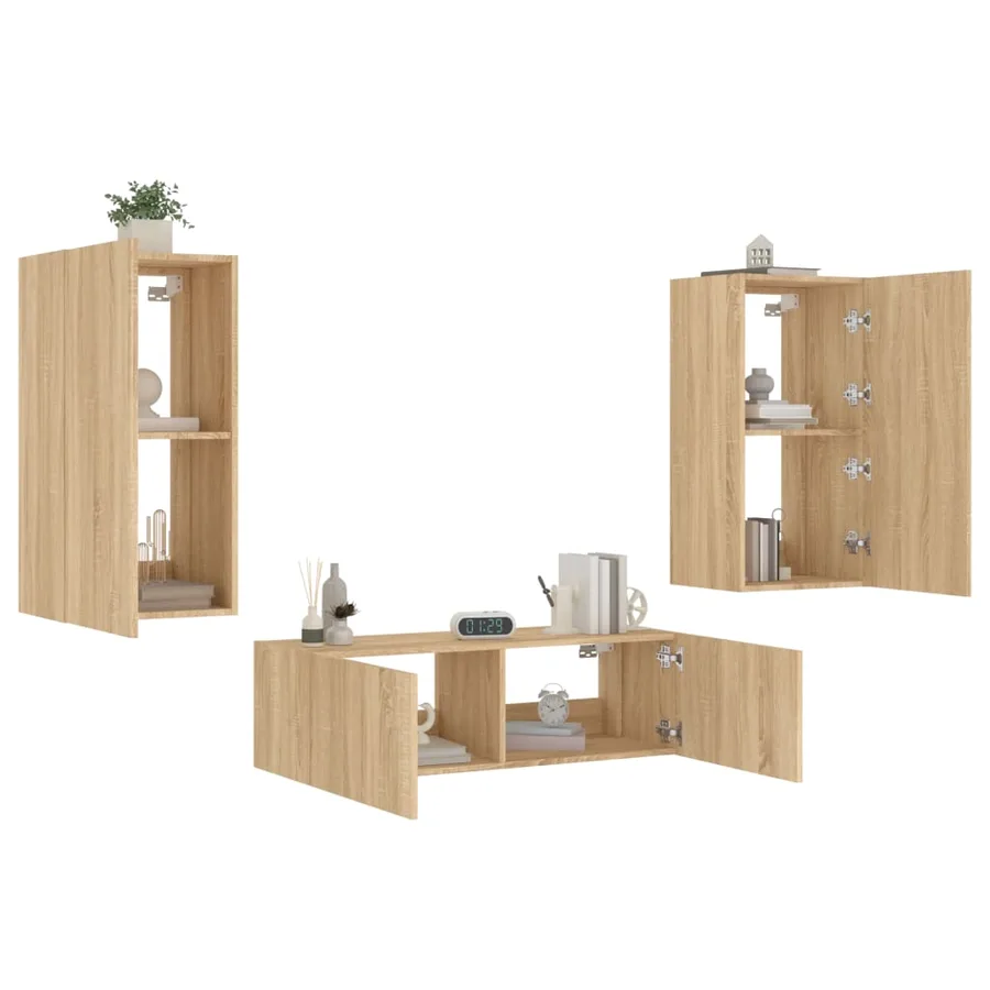 Meuble TV muraux 3 pcs avec lumières LED chêne sonoma - 4