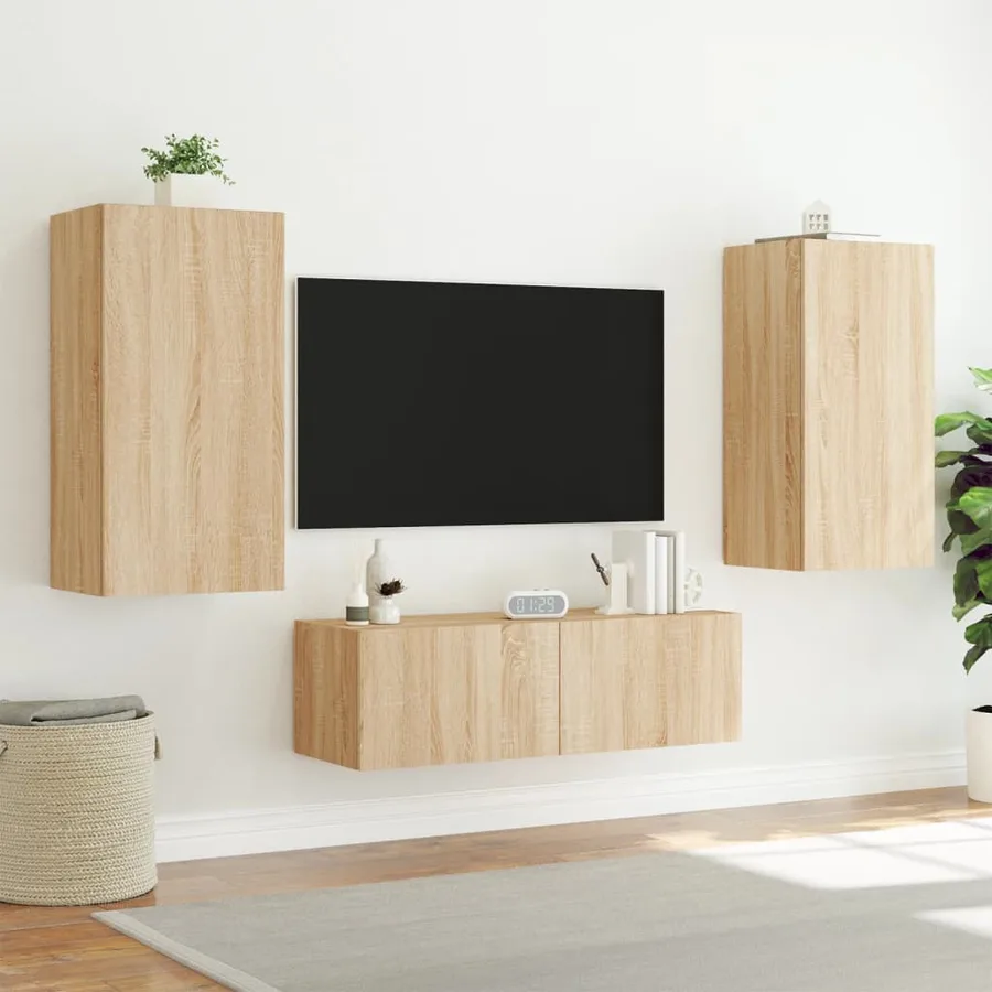 Meuble TV muraux 3 pcs avec lumières LED chêne sonoma - 5