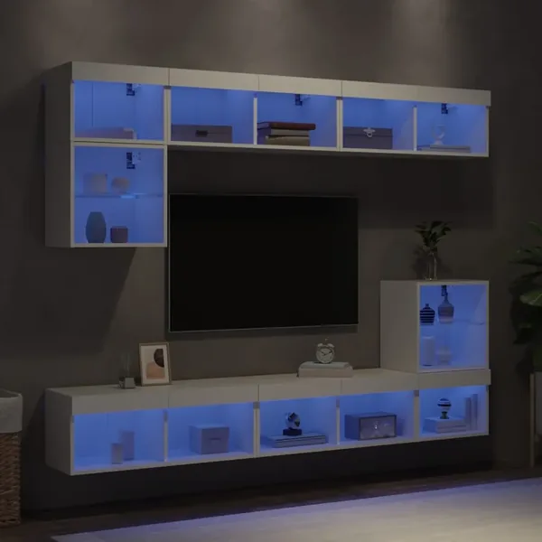 Unités murales TV avec LED 8 pcs blanc bois d'ingénierie