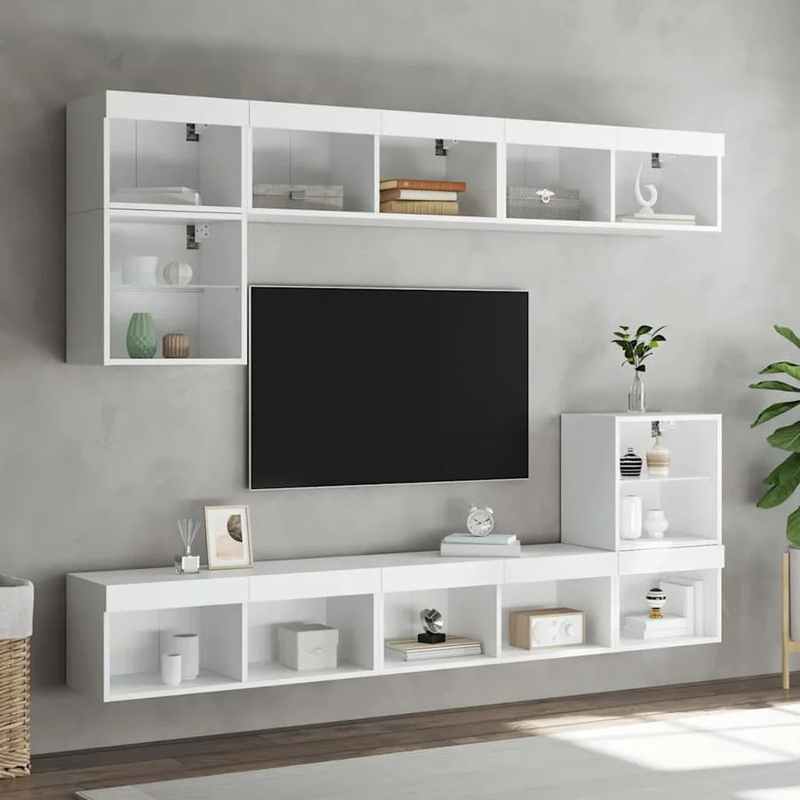 Unités murales TV avec LED 8 pcs blanc bois d'ingénierie - 4