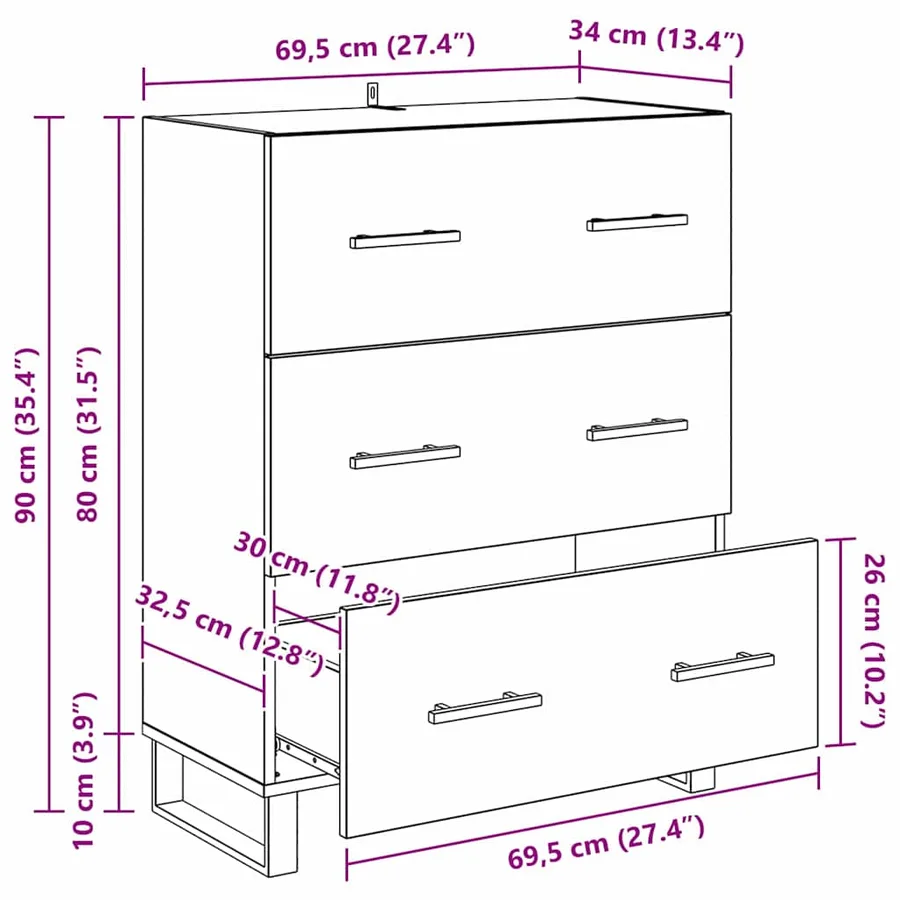 Buffet Chêne noir 69,5 x 34 x 90 cm Bois d'ingénierie et fer - 16