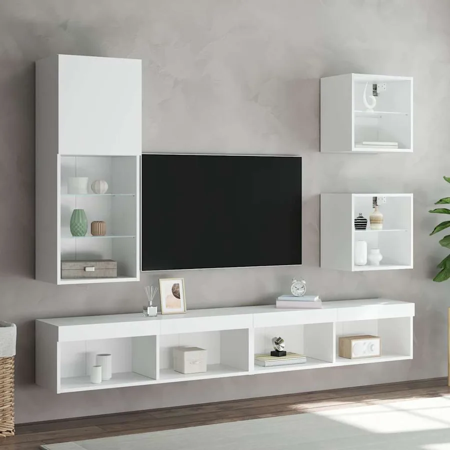 Unités murales TV avec LED 5 pcs blanc bois d'ingénierie - 4