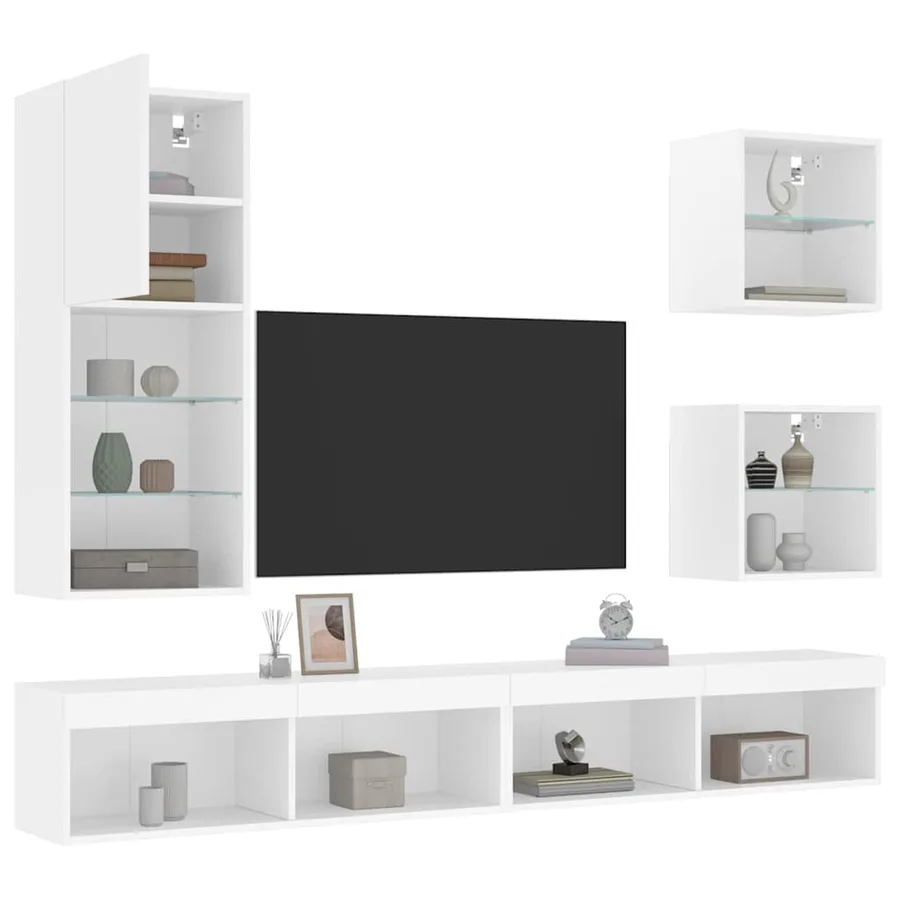Unités murales TV avec LED 5 pcs blanc bois d'ingénierie - 5