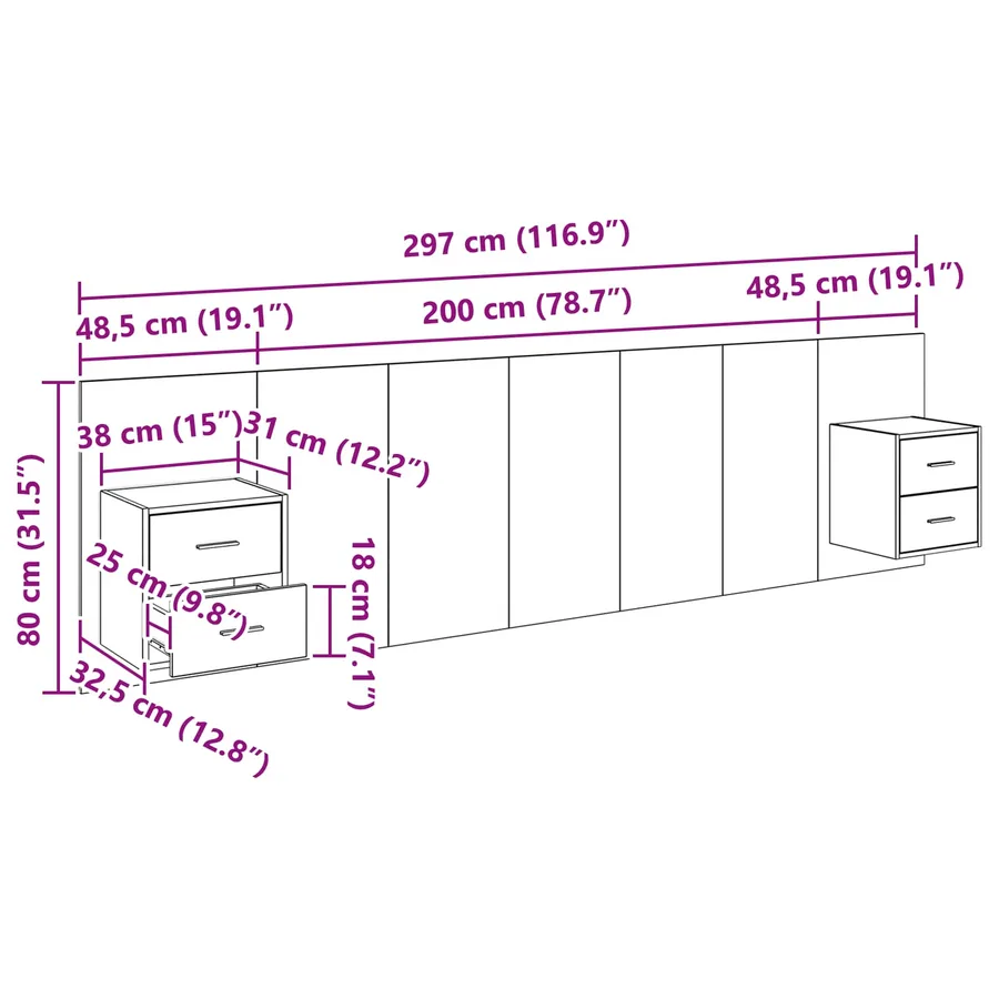 Tête de lit avec armoire 3 pcs Chêne artisanal - 16