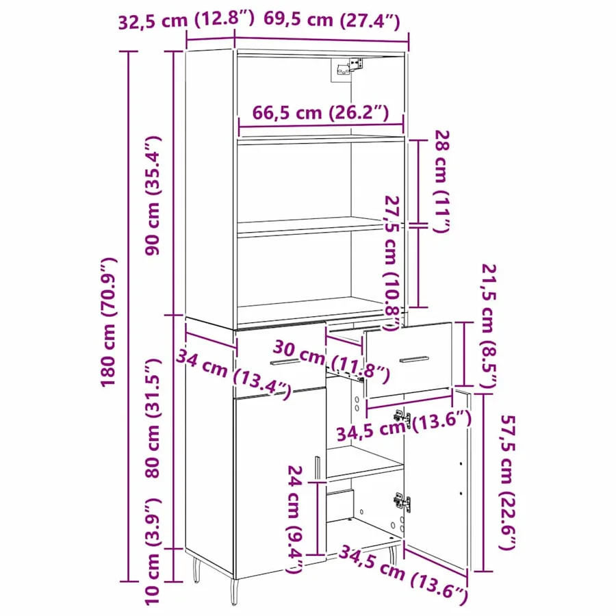 Haut Armoire avec tiroir Chêne noir 69,5 x 34 x 180 cm - 13