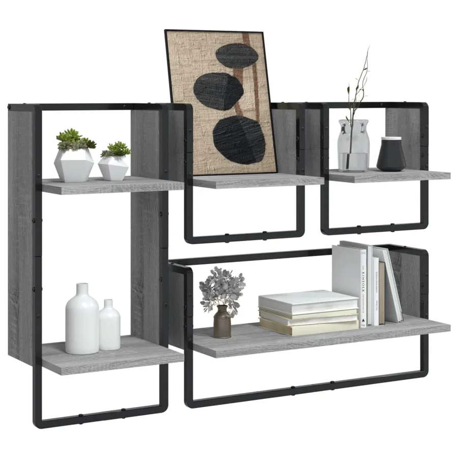 Ensemble d'étagères murales avec barres 4 pcs sonoma gris - 3