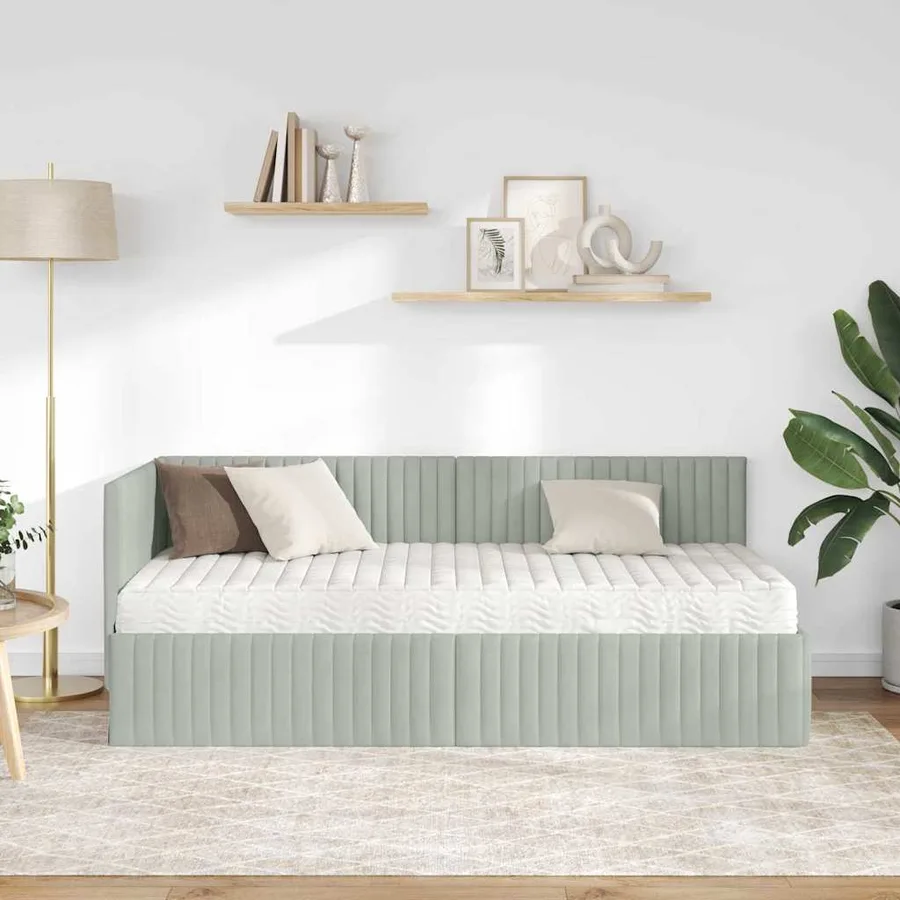 Cadre de lit d'angle avec matelas 2 pcs Gris clair Velours - 3