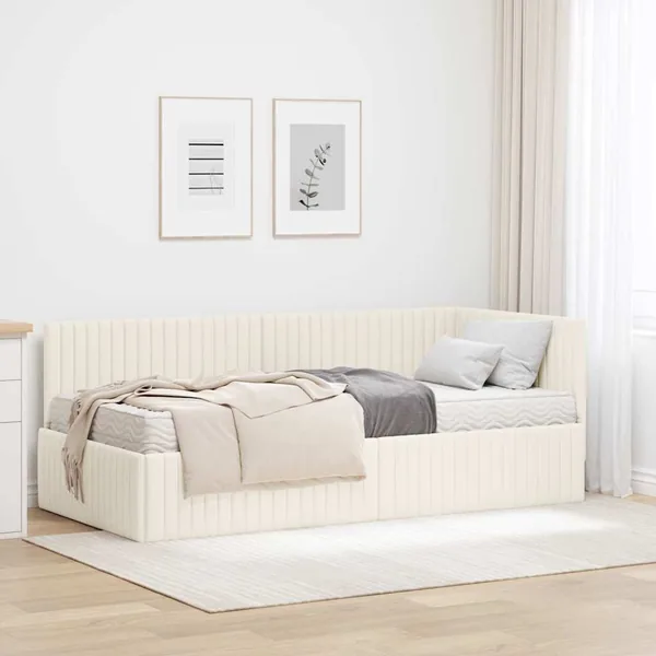 Cadre de lit d'angle avec matelas 2 pcs Crème Velours