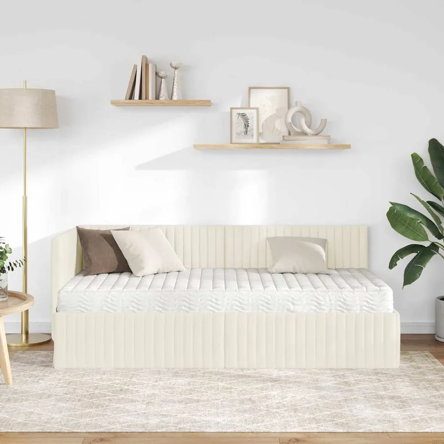 Cadre de lit d'angle avec matelas 2 pcs Crème Velours - 3