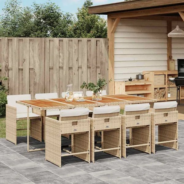 Ensemble à manger de jardin et coussins 9 pcs beige Poly rotin