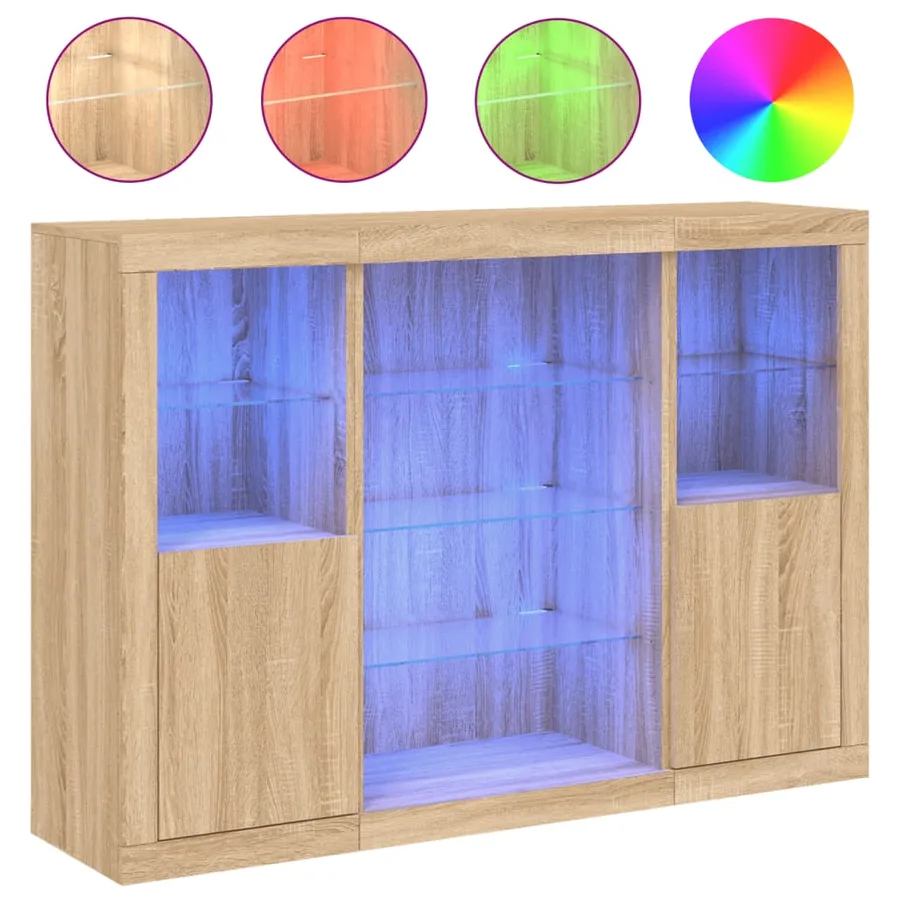 Buffets avec lumières LED 3 pcs chêne sonoma bois d'ingénierie - 2