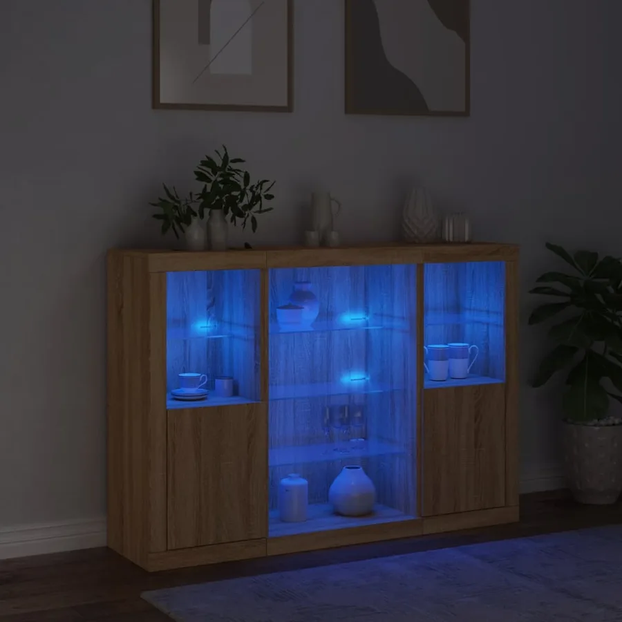 Buffets avec lumières LED 3 pcs chêne sonoma bois d'ingénierie - 3
